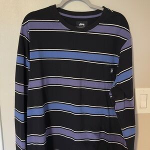 Stussy Men's Black and Blue Striped Long Sleeve Tee